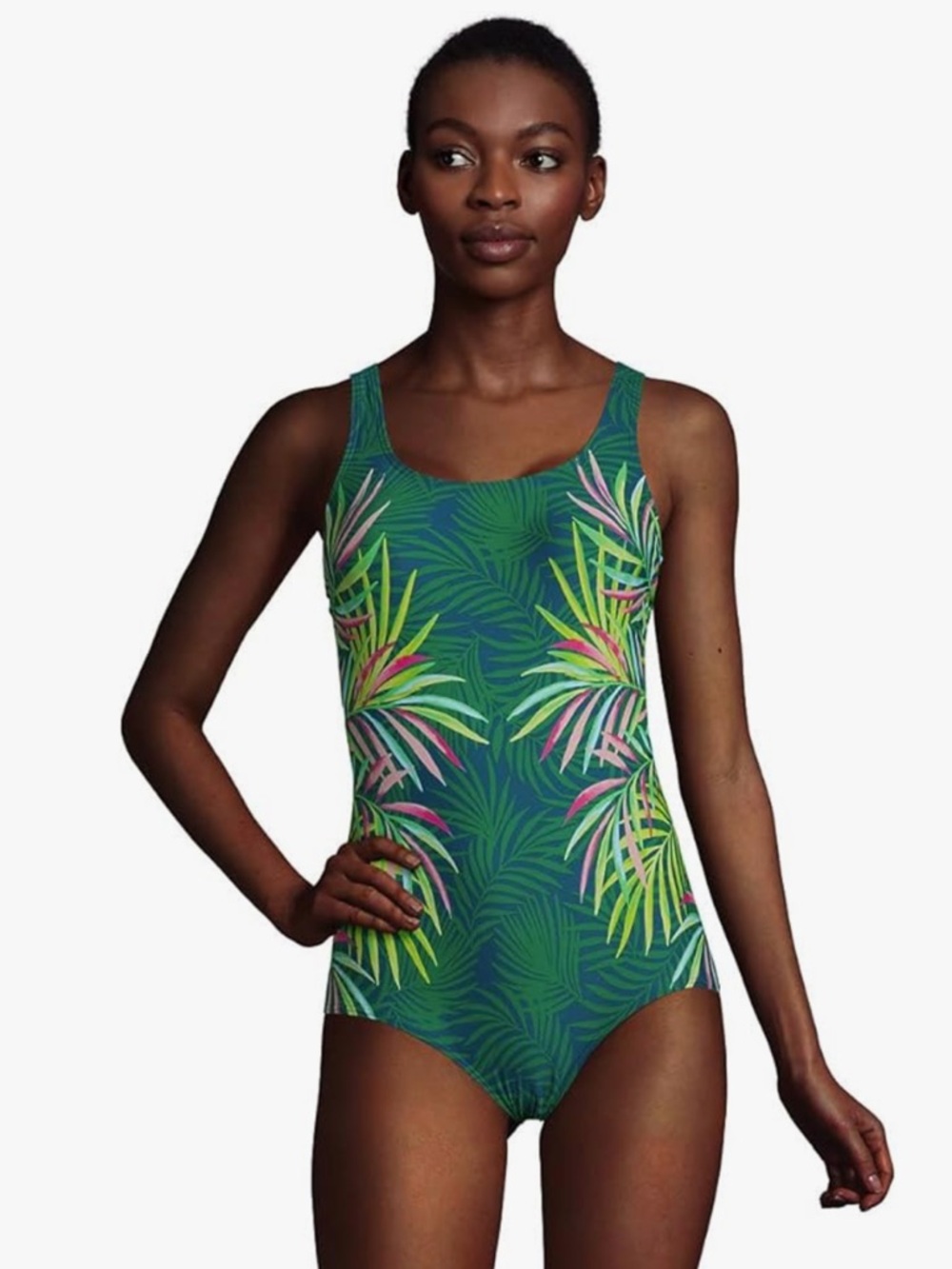 Lands' End Women’s Swimsuit Bathing Suit One Piece Green Tropical Leaf Palms 16